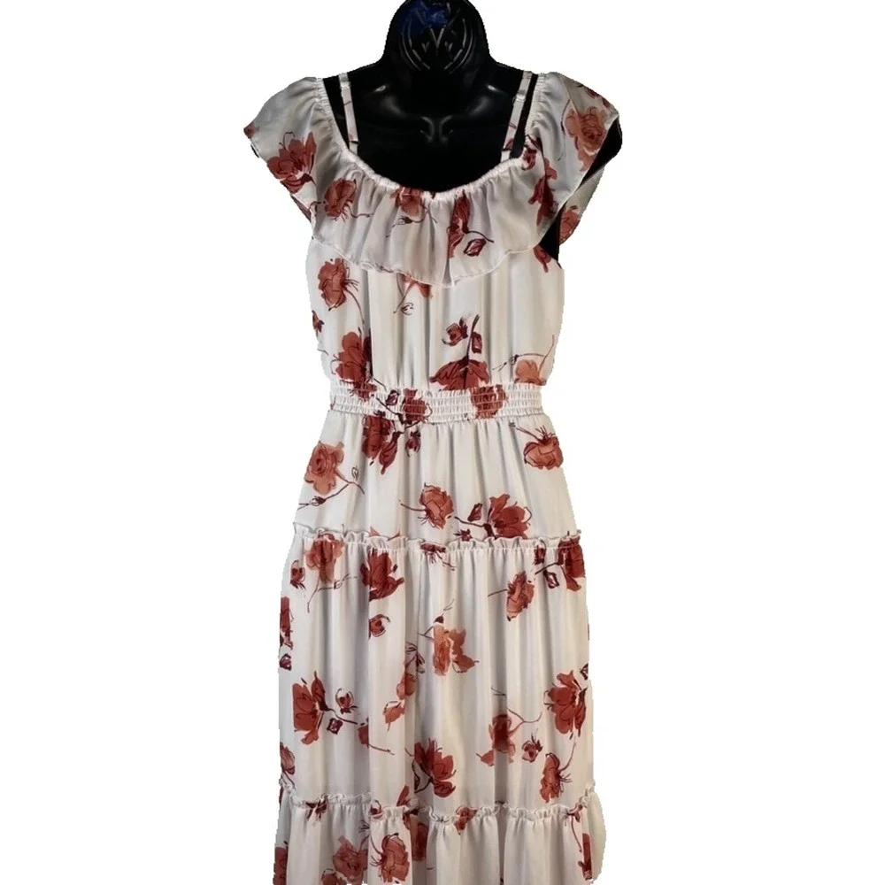 Beautees Women's Midi Dress White Floral Sz 14 Off Shoulder Elastic Waist Tiered